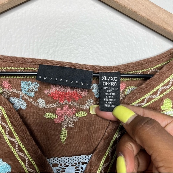 Women 100% Linen Top XL Brown Embroidered Popover. Coastal Lagenlook Lagum - Picture 4 of 8